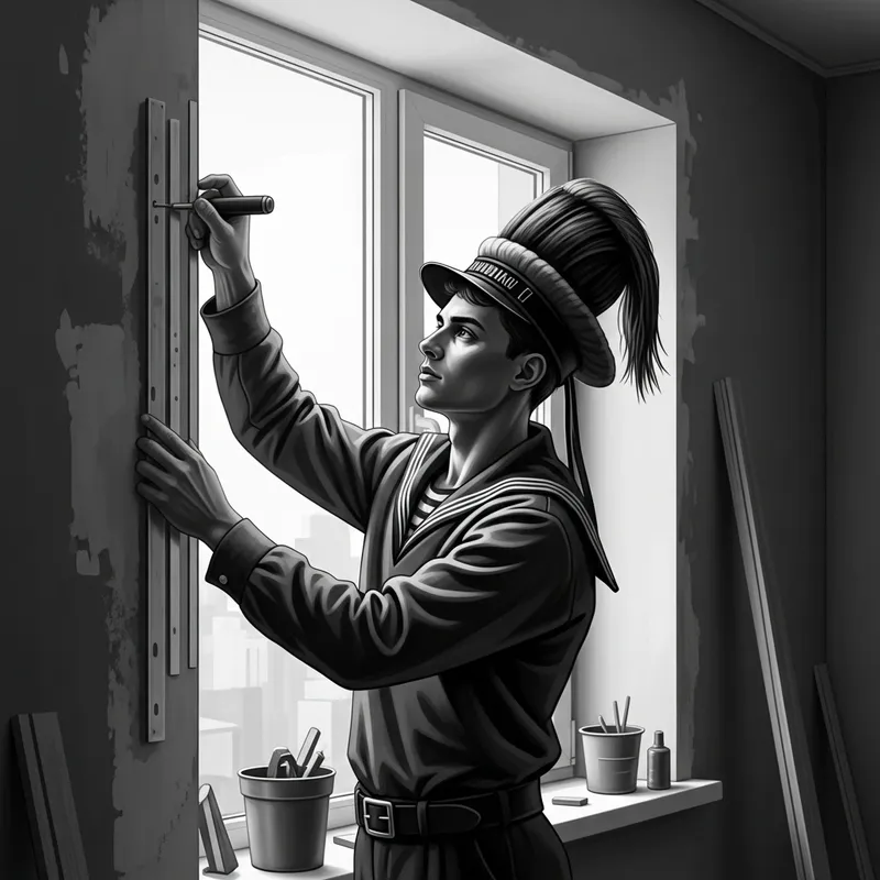 Vintage Russian Sailor Builder in Renovation Scene