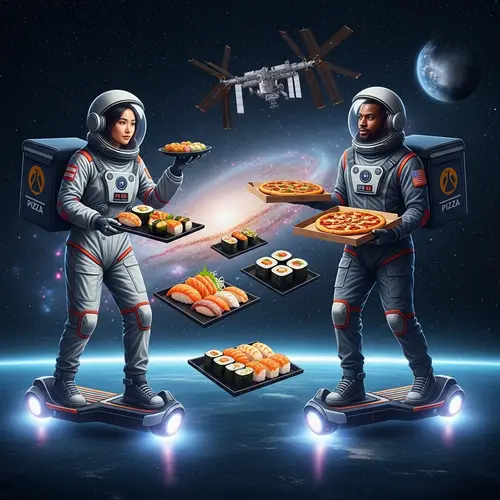 Futuristic Space Food Delivery: Sushi & Pizza in Zero Gravity