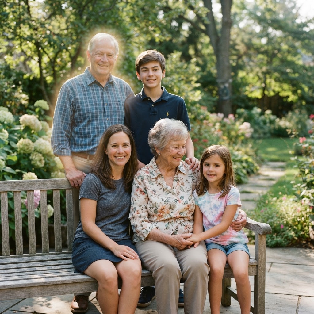 AI photo edit adding a deceased loved one into a family photo as a cherished memory