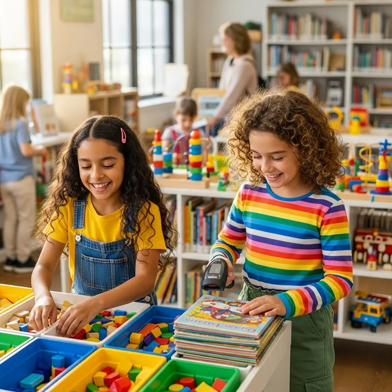 Joyful Girls in Colorful Toy Library