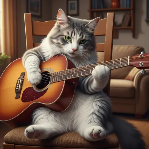 Engrossed Cat Playing Acoustic Guitar | Musical Feline Serenade