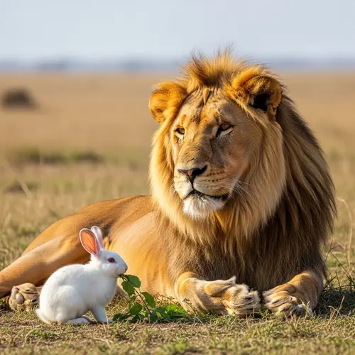 Majestic Lion and White Rabbit in Tranquil Savannah Scene