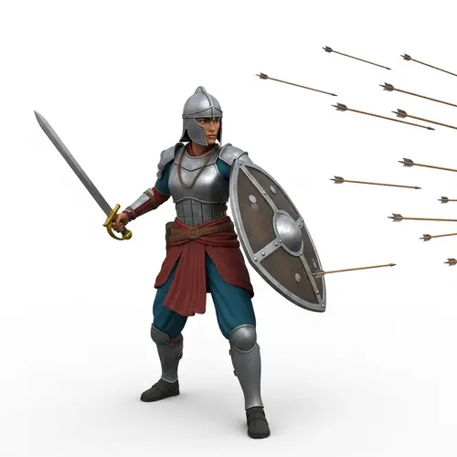 3D Female Soldier with Sword & Shield Facing Hail of Arrows