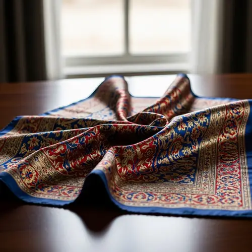 Ornate Silk Scarf with Vibrant Red, Blue, and Gold Patterns