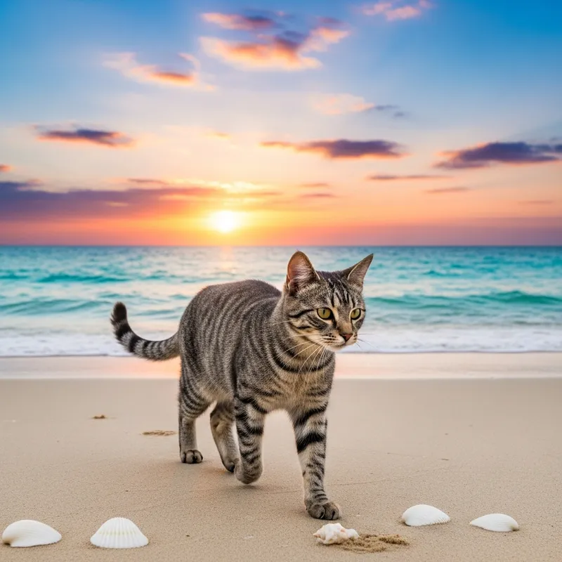 Cat Walking on the Beach at Sunset | Ocean Breeze and Seashells