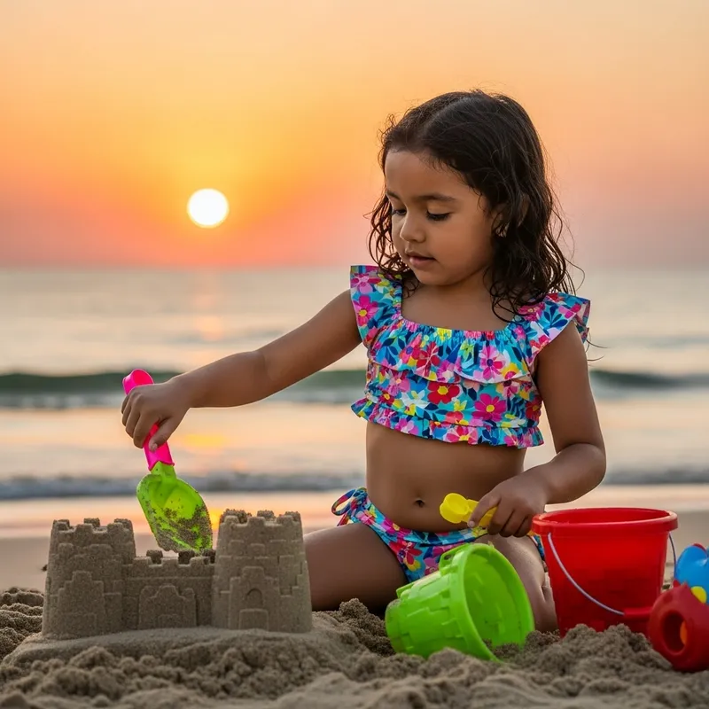 Hispanic Girl in Bikini Building Sandcastle at Sunset Beach Hispanic Girl in Bikini Building Sandcastle at Sunset Beach