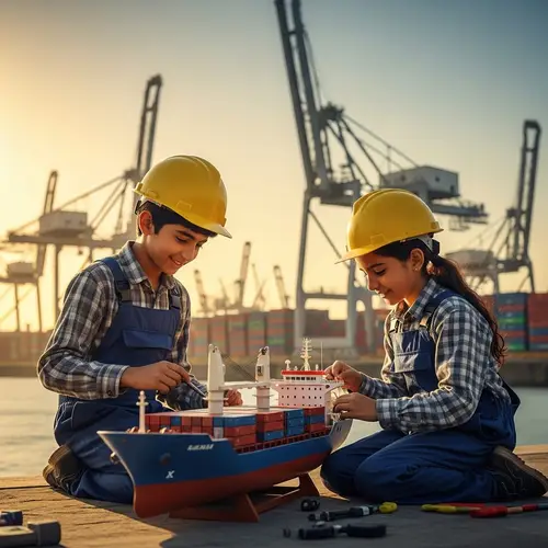 Middle-Eastern Twin Siblings Building Model Cargo Ship at Port of Dar as Salaam