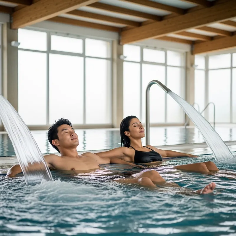 Indoor Pool Chilling: Couple in Refreshing Water Jets