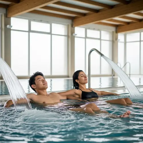 Relaxing Indoor Pool Experience with East Asian Man and Middle Eastern Woman
