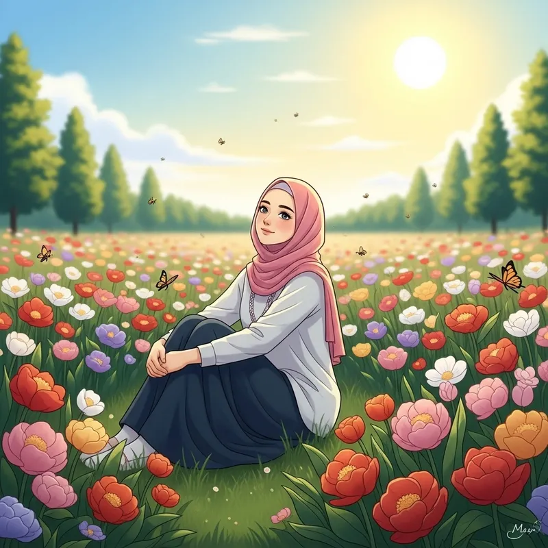 Serene Girl in Hijab Surrounded by Blooming Flowers