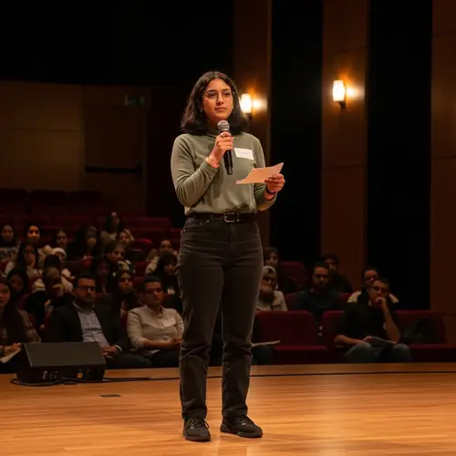 Confident Middle Eastern Student Speaking on Stage