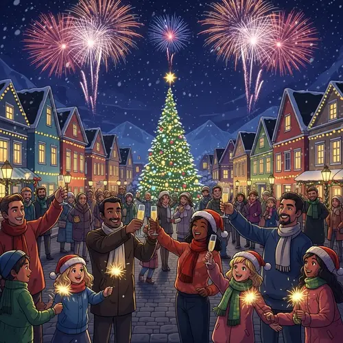 Festive New Year Celebration | Colorful Houses, Christmas Tree, Fireworks
