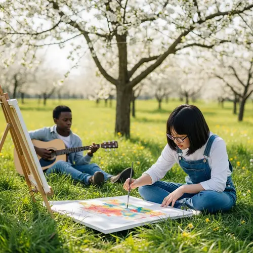 Asian Girl Painting Outdoors | African Boy Playing Guitar