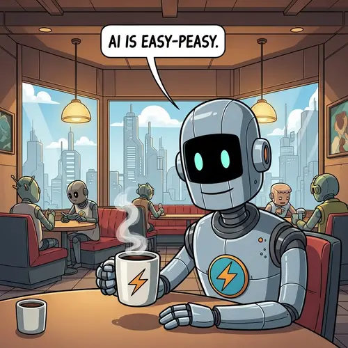 Futuristic Robot in Coffee Shop with 'AI is easy-peasy' Bubble