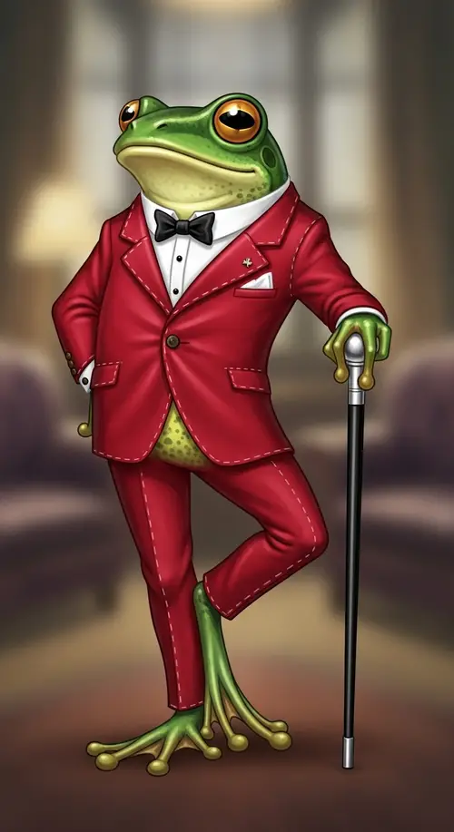 Elegant Red Suit Frog with White Cane Illustration
