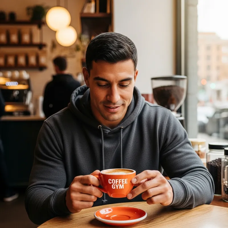 Hispanic Athlete Enjoying Coffee at 'Coffee Gym' Cafe