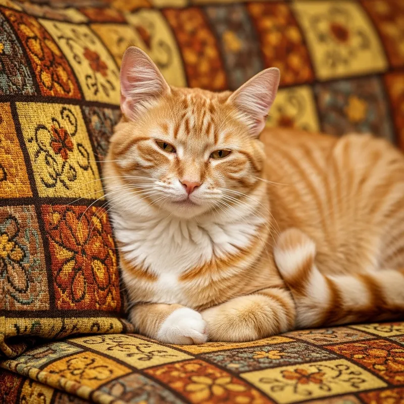 Adorable Cat Relaxing on Soft Cushion | Fluffy Striped Kitty