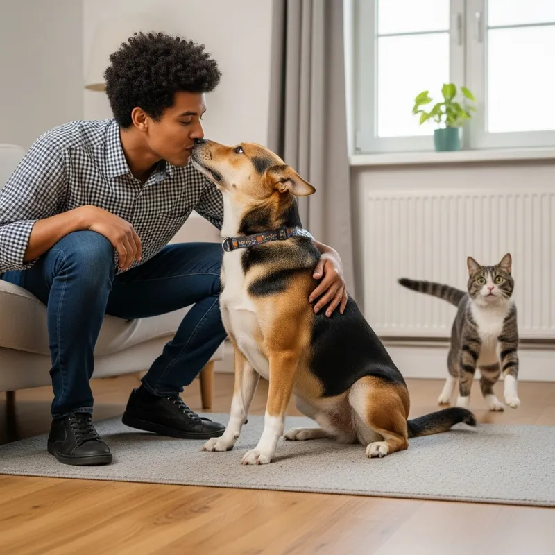 Charming Person Kissing Dog with Cat Observing