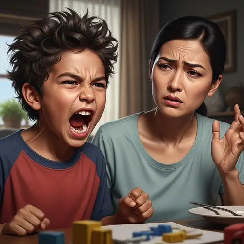 Emotive Illustration of Hispanic Boy and Asian Mother in Conflict