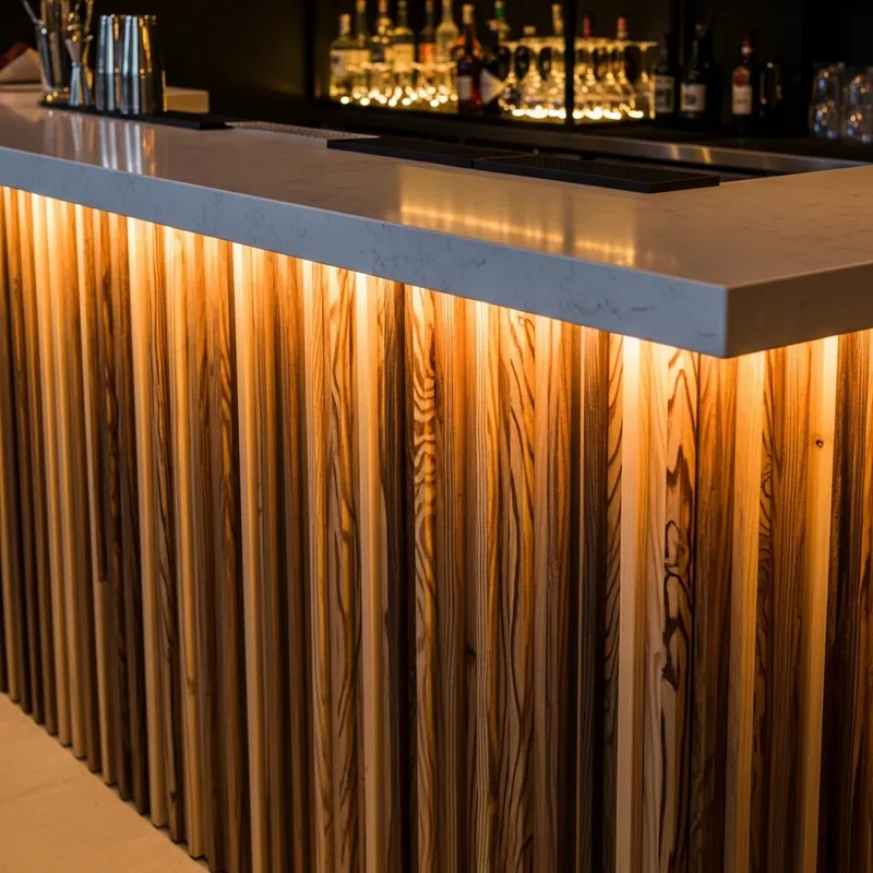 Modern Wooden Slat Bar Counter with White Stone Top