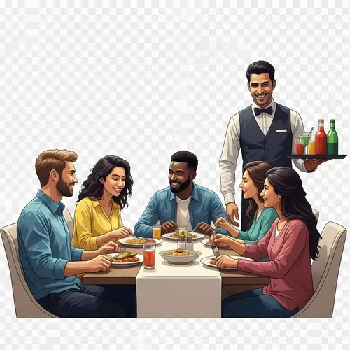 Diverse Group of Friends Enjoying Meal in Lively Restaurant Atmosphere