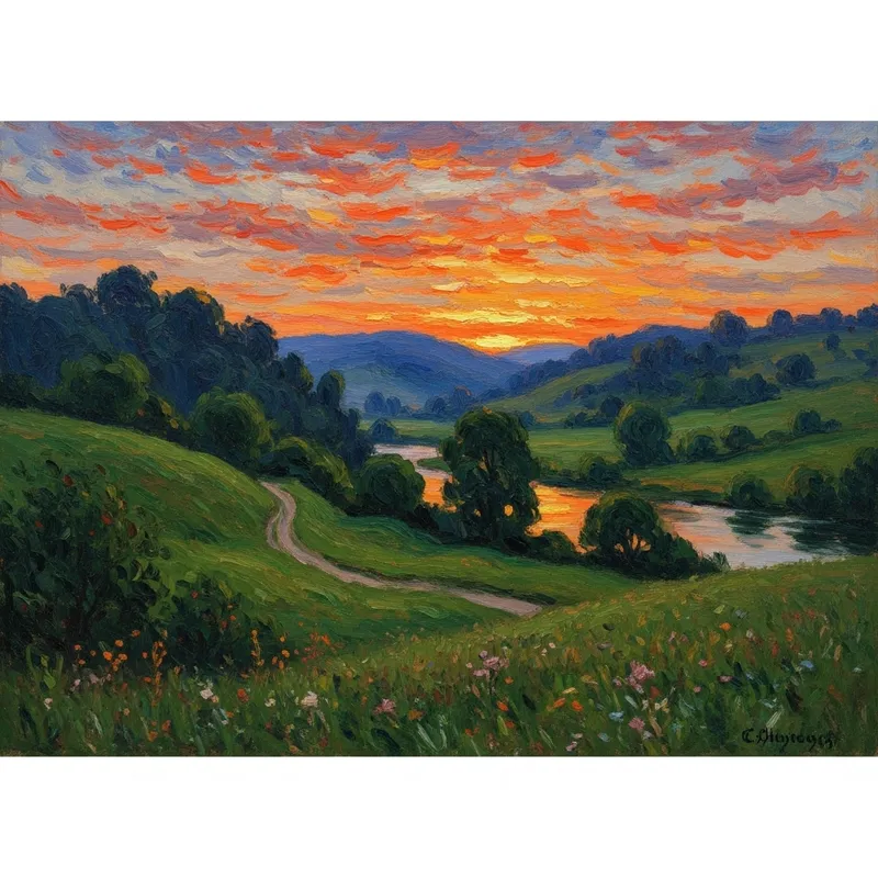 Tranquil Impressionist Countryside Sunset