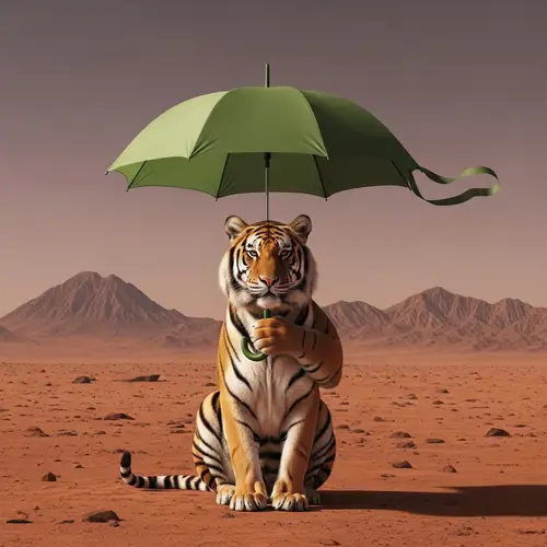 Tiger on Mars with Green Umbrella: Mesmerizing Martian Scene