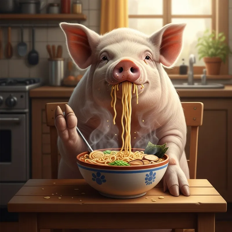 Pig Enjoying a Big Bowl of Noodles