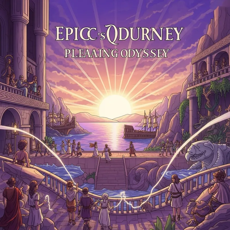Epic Journey at Sunrise: Homer's Odyssey in Purple Hues