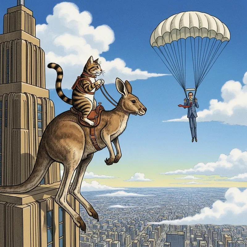 Cat on Kangaroo Watching Girafales Parachuting Rooftop