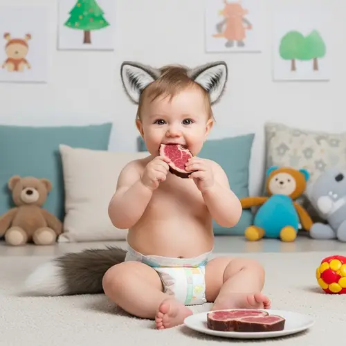 Cute Baby Wolf in Diaper Chewing Meat - Wildlife Innocence