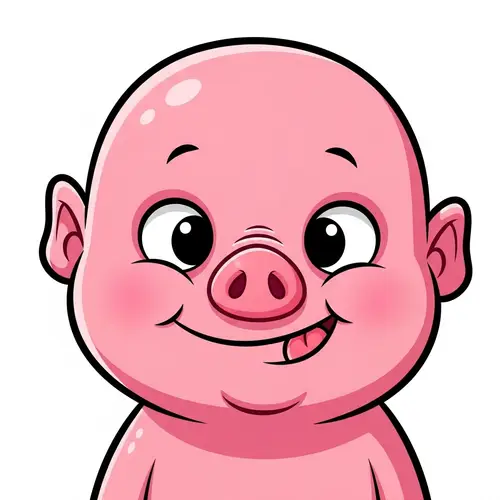 Friendly Bald Pink Cartoon Pig Character with Soft Alien Face