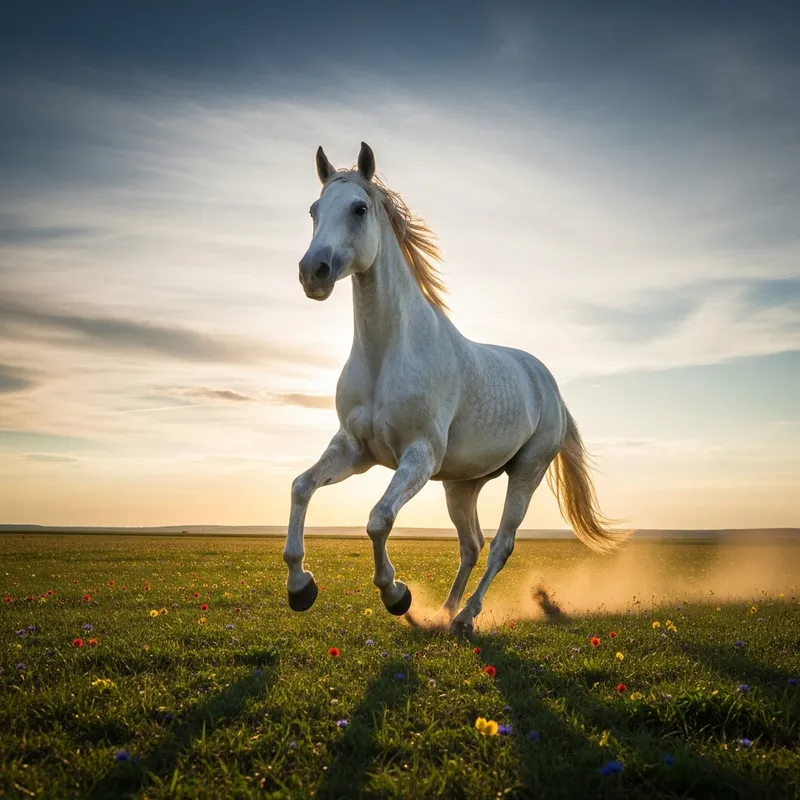 Majestic White Thoroughbred Horse Galloping Freely in Vast Meadow - Dynamic Equine Photography Majestic White Thoroughbred Horse Galloping Freely in Vast Meadow - Dynamic Equine Photography