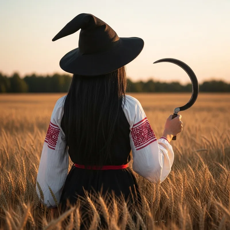 Mystical Slavic Black-Haired Witch in Wheat Field
