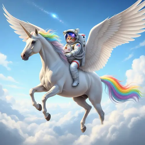 Rainbow Unicorn Flying with Astronaut Cat