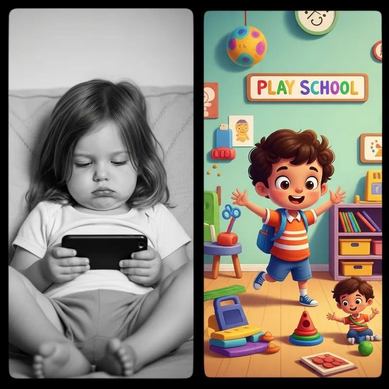 Contrasting Childhood: Tech Monotony vs. Play School Joy