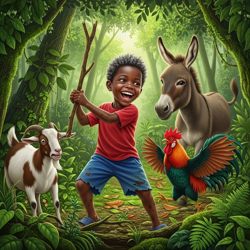Ultra-Detailed Haitian Male Child Playing in Woods with Animals Illustration