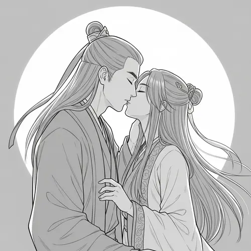 Romantic Eastern Couple in Classic Attire - Gentle Kiss