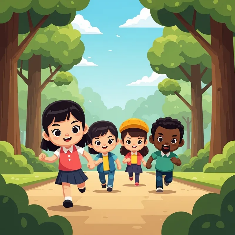 Cute Running Girl Characters: Geometric Flat Illustrations in Park