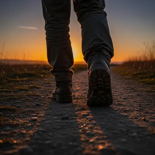 Pilgrim Walker at Dusk: Focus on Feet