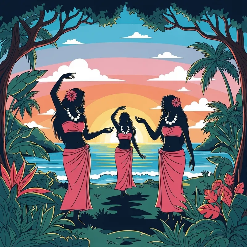 Polynesian Women Silhouette: Tropical Paradise in Vibrant Colors