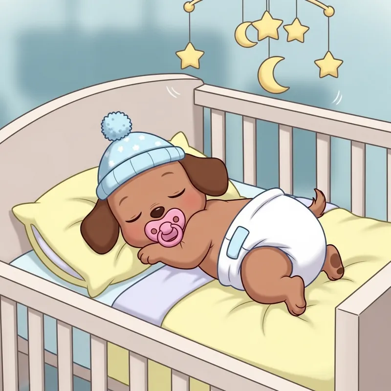 Cute Newborn Puppy Cartoon Animation Sleeping with Pacifier in Baby Crib Cute Newborn Puppy Cartoon Animation Sleeping with Pacifier in Baby Crib