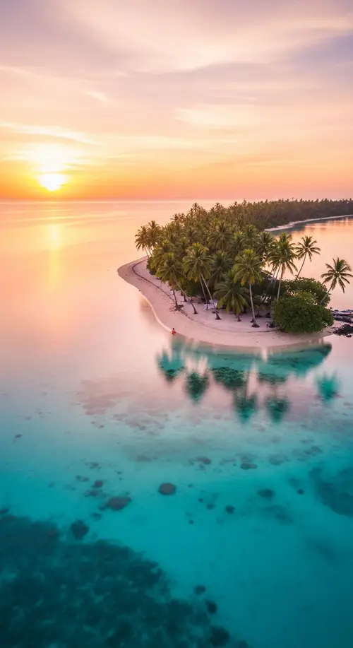 Tropical Island Sunset: Aerial View of Tranquil Paradise