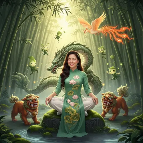 Vietnamese Woman Living Peacefully Surrounded by Asian Spirits