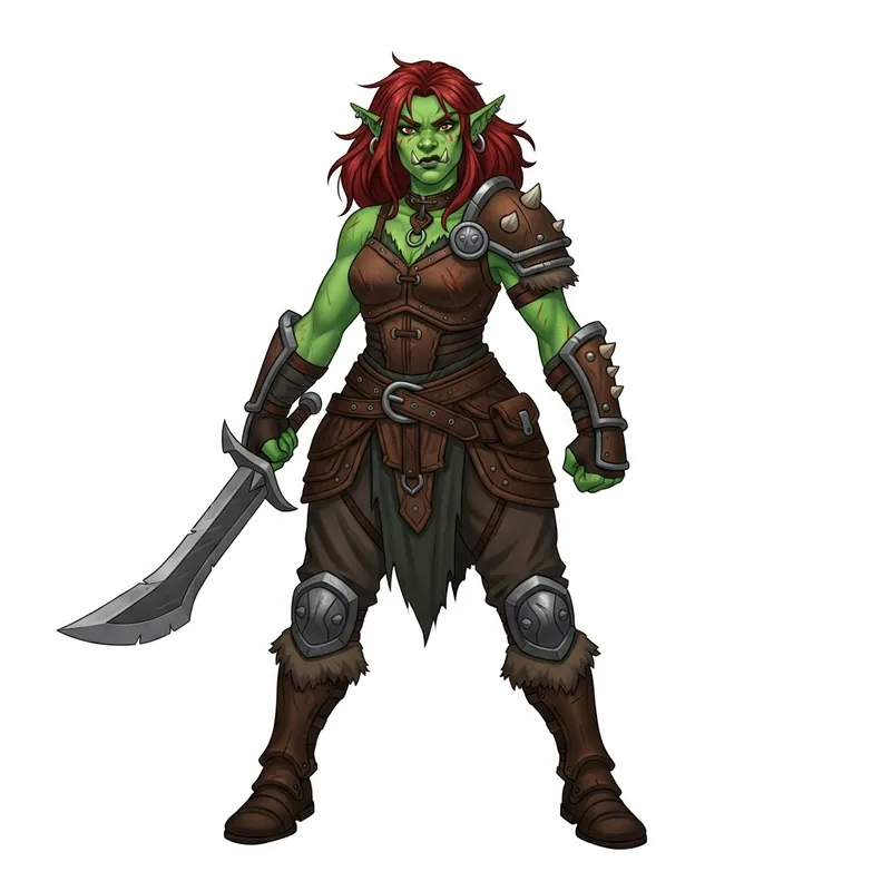 Fierce 16-Year-Old Half-Orc Female Barbarian with Green Skin