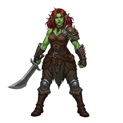 Half-Orc Female Barbarian with Green Skin & Red Hair