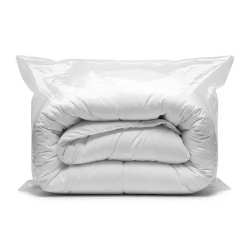 Crystal Clear Plastic Bag Holding Fluffy White Duvet