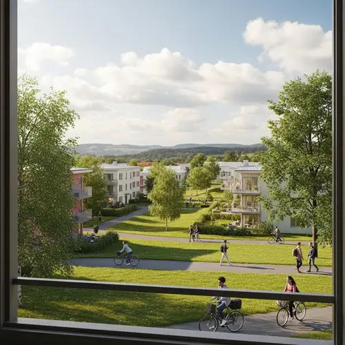 Student Apartment View at Hatleberg: Sweeping Greenery & Modern Architecture