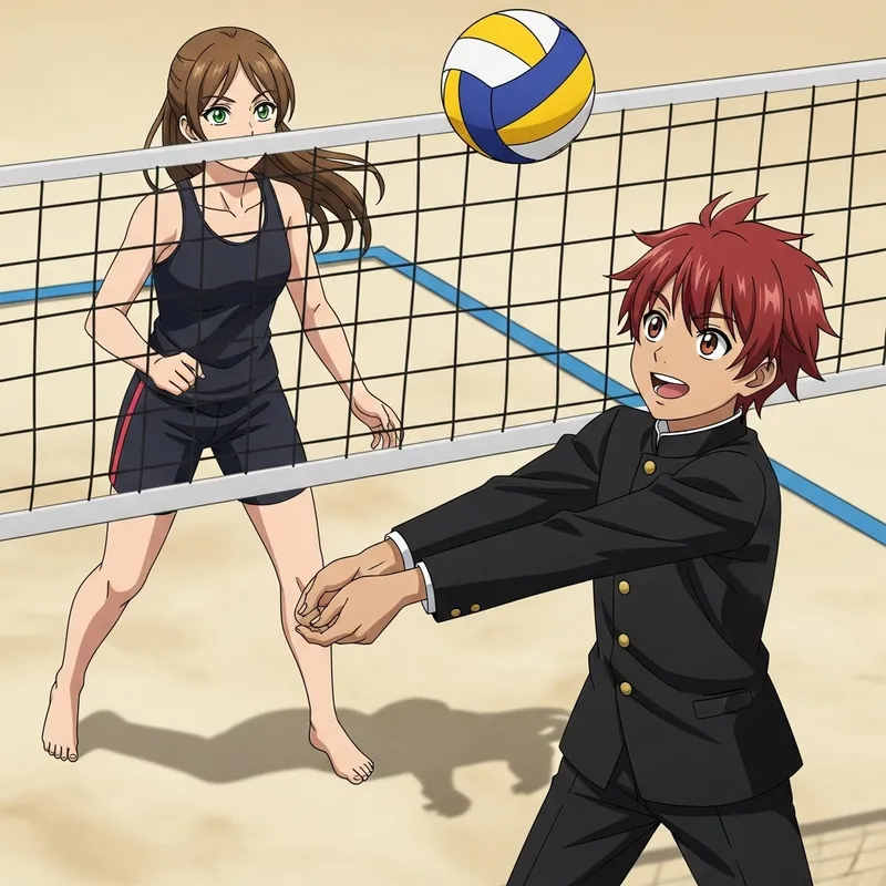 Japanese School Uniform Volleyball Match: Girl Vs Redhead Boy
