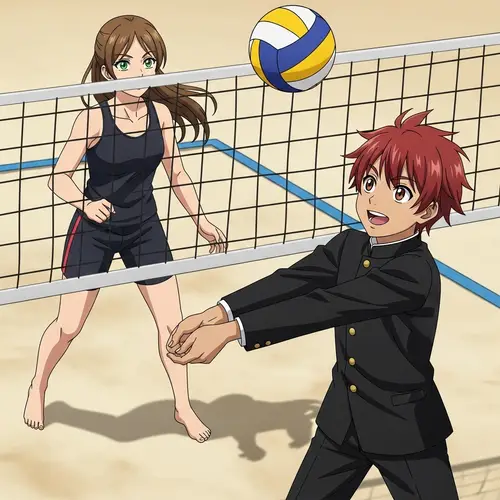 Beach Volleyball Game: Intense Match Between Girl and Boy